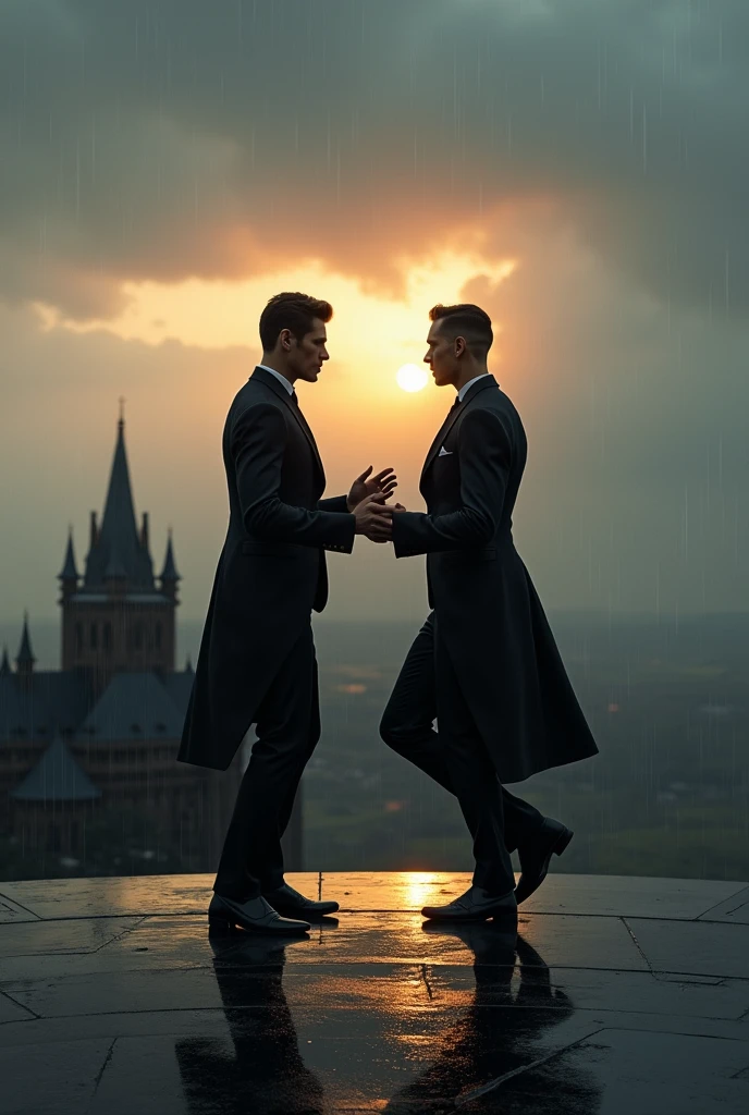 Two handsome skinny men dressed in black, long suits without a shirt, cloudy sky, a sunset, the sun is hiding, dancing beautifully on top of a black castle, water track combined with the sky, falling rain and lightning from afar, 2 men