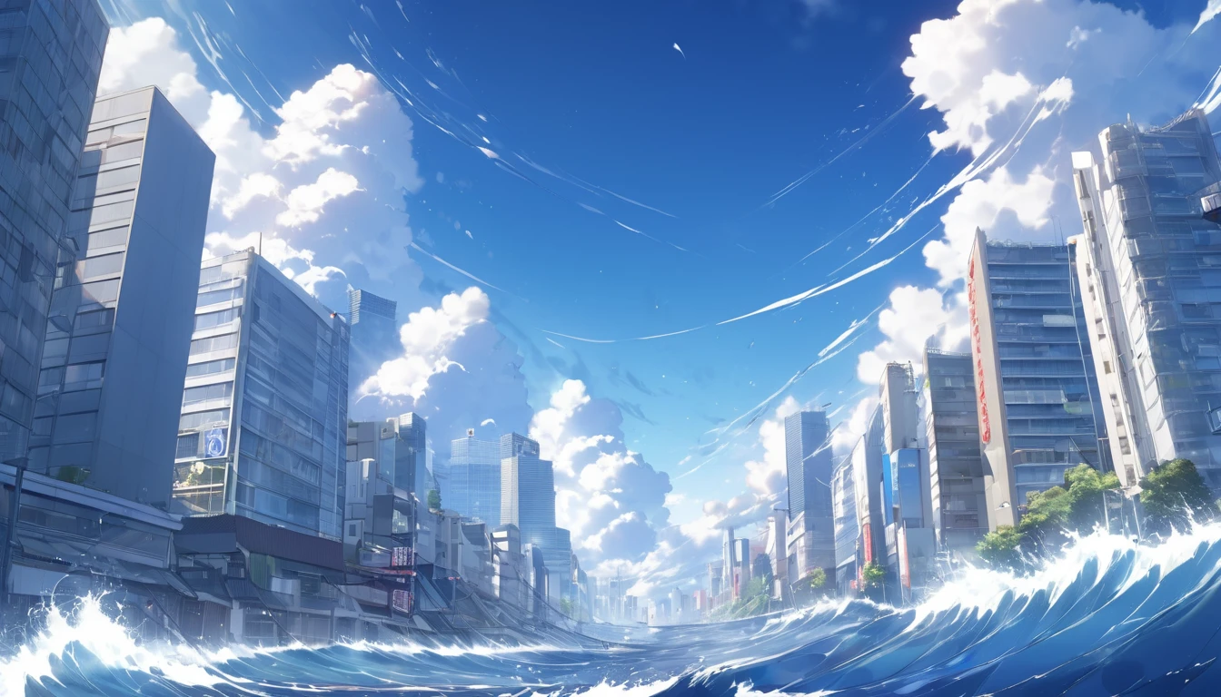 High definition、high resolution、Masterpiece、Tokyo buildings hit by tsunami、City壊滅、blue sky、City、City、Giant tsunami、Buildings、Makoto Shinkai style、
