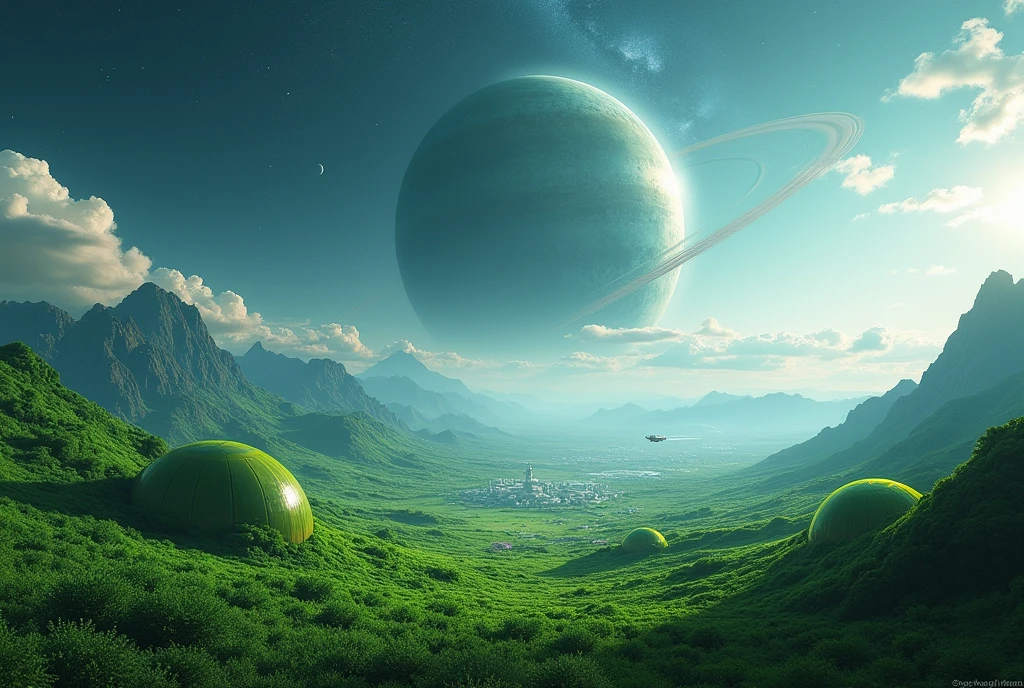 create a vision of a perfect planet with a surface with vast green grass trimmed on the surface, Leaves are rounded buildings and ultra-modern cities on the surface, sky with daytime space and dense atmosphere light blue color,  surreal image, Leaves no alto da imagem, No fundo, there is the planet Saturn with its rings diagonally, sunfaded, with its beautiful rings seen from the surface in the sky through the dense atmosphere., clear atmosphere with transparent clouds , the planet is immense and is setting on the horizon, cyberpunk style from a distance, has an ultra futuristic megalopolis city with mirrored glass buildings, space is clear and you can only see the silhouette of one side of the planet through the dense atmosphere, clear total, clear horizon, penumbra, as realistic as possible, bright environment without light without sun, starry sky. Leaves&#39;a space cruiser flying in the sky.
