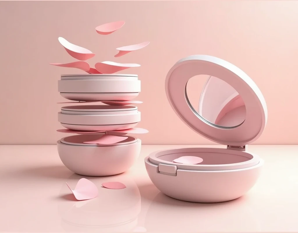 An innovative round-shaped makeup applicator, Inspired by SHEGLAM's 'Insta-Ready'. The applicator has several compartments, each with different makeup papers: blush, highlighter, and lipstick. Each paper is thin and small in size., Ideal for tearing off a piece and applying it directly to the face. The image should show the applicator with the lid open., revealing the papers