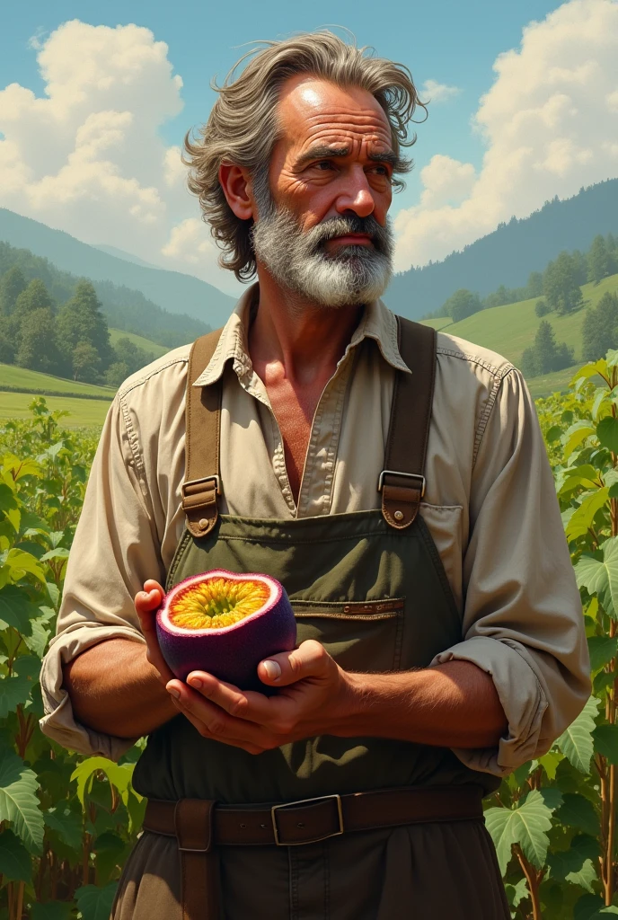 Image of a farmer looking to the side holding a passion fruit