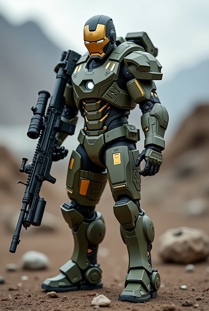 Ironman wear miletry colour costume and holding a sniper gun