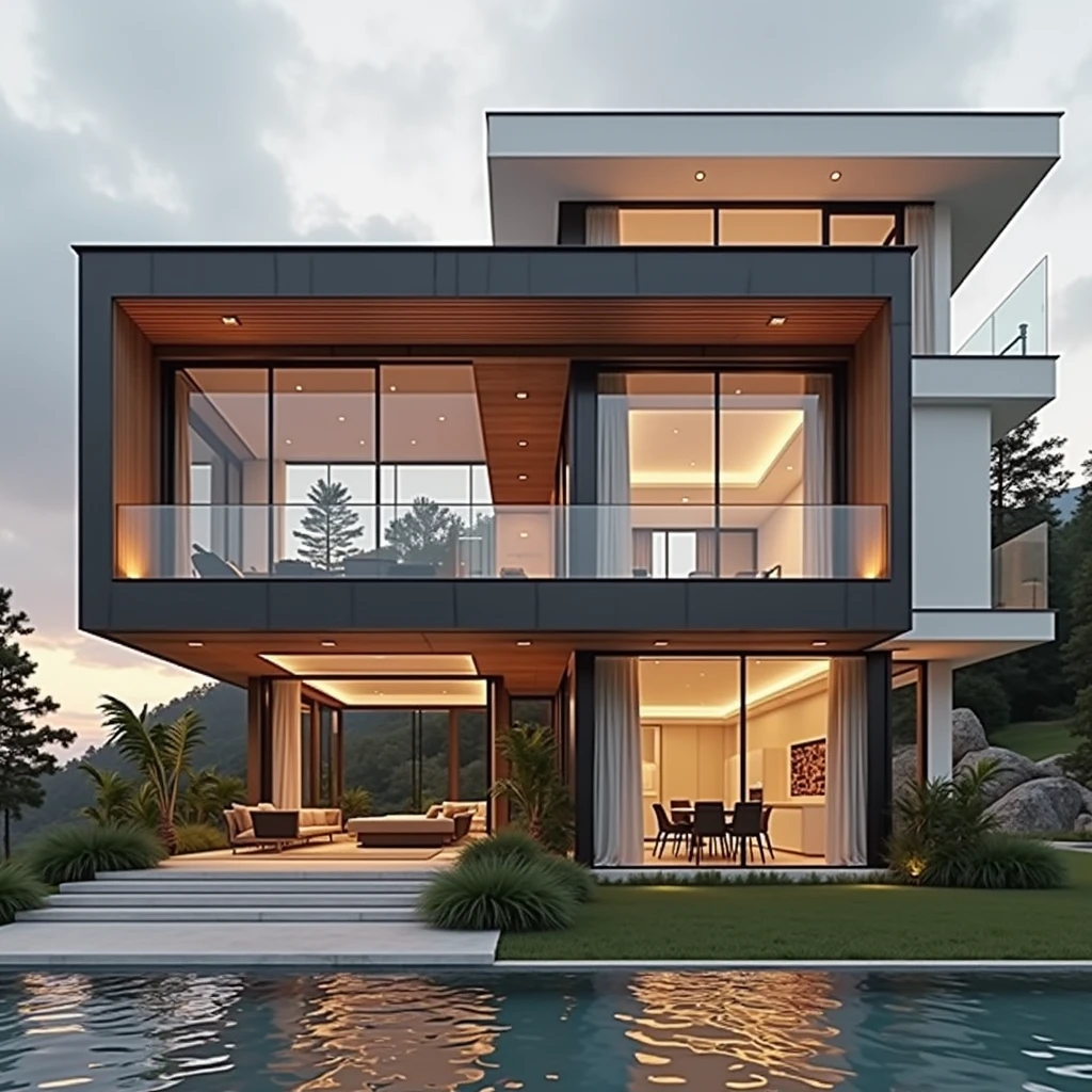 RAW photo,Masterpiece, high quality, best quality, authentic, super detail, exterior, one villa style modern on the mountainside , (Modern minimalist lines:1.2),(white wall:1.1), railing glass, glass windows,trees, grass, ((sunset)), sky, vivid colour, (high detailed :1.2), 8k uhd, dslr, soft lighting, high quality, film grain, Fujifilm XT3Negative promt: (normal quality), (low quality), (worst quality), paintings, sketches,lowres, text, cropped, worst quality, low quality, normal quality, signature, watermark, username, blurry,skech,logo,blurry, drawing, sketch, poor quality, ugly, low resolution, saturated, high contrast, oversharpened,low quality, bad anatomy, worst quality,deformed, disfigured, cropped, jpeg artifacts, error, mutation,noise,UnrealisticDream