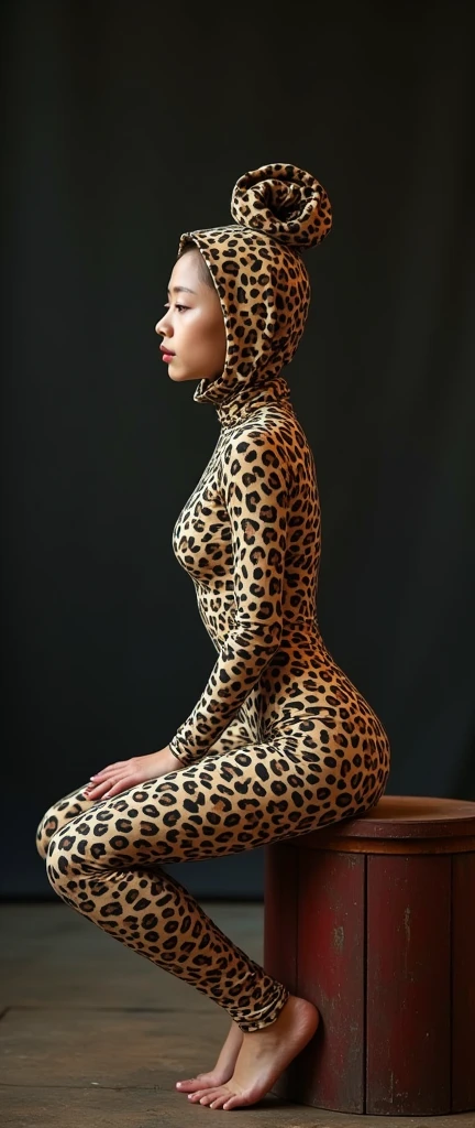 A most beautiful and thin 29 years old chinese contortion girl wearing a glasses wears yellow tiger Lycra turtleneck unitard catsuit covered with seamless black tiger paterns.She always wear tiger Lycra dancewear hijab-like hood.She has beautiful cheeks on her face.She is take part for contortion performance.She performs contortion in the house.