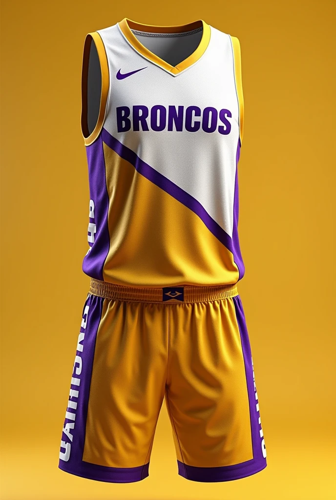 Basketball uniform with the colors gold, white and purple(a little more about this), that says broncos