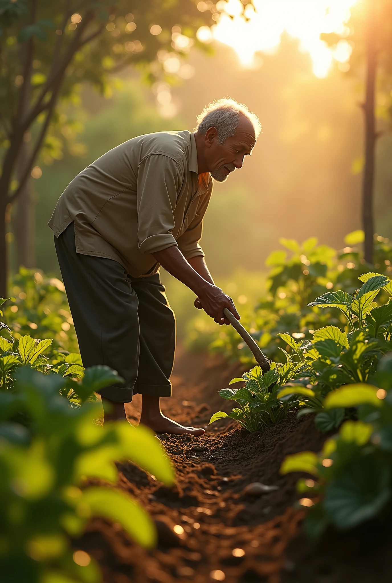 (Photorealism 1.2) high detailed definition cinematic cinematography old Malay male at vegetable garden doing some work morning mode sunlight silhouette very high detailed