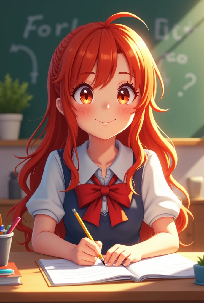 Red haired girl studying in school uniform,freckles and laughing