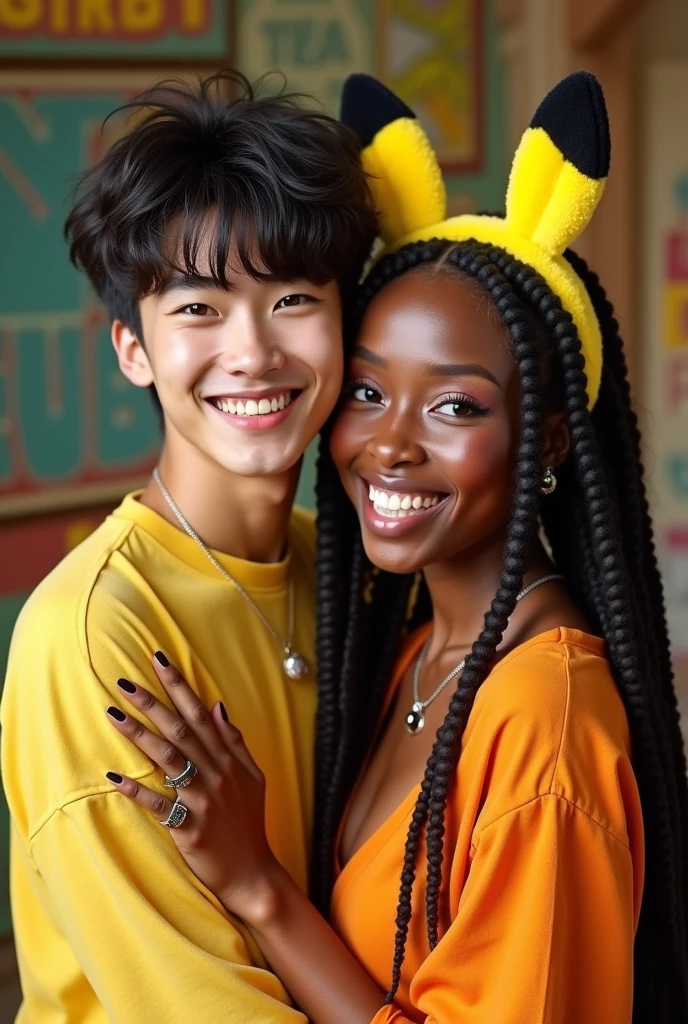 

couple: posing wacky on camera: one boy kpop idol with pikachu headband hugging a black american sexy girl big mouth with dreadlocks