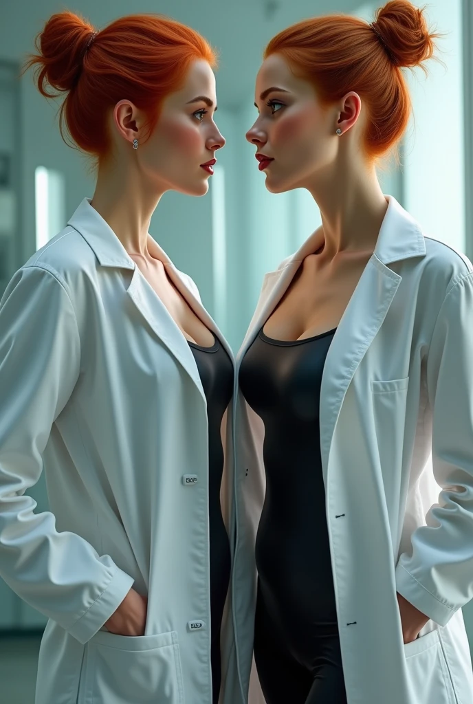 A beautiful young blonde blue eyed woman dressed as a sexy scientist and carrying a notebook stares at another beautiful young red haired woman in underwear with a barcode label on her arm who is sitting on a lab table and stares coldly and emotionlessly at the camera., Full body view, front view, Hyper-realistic image quality 