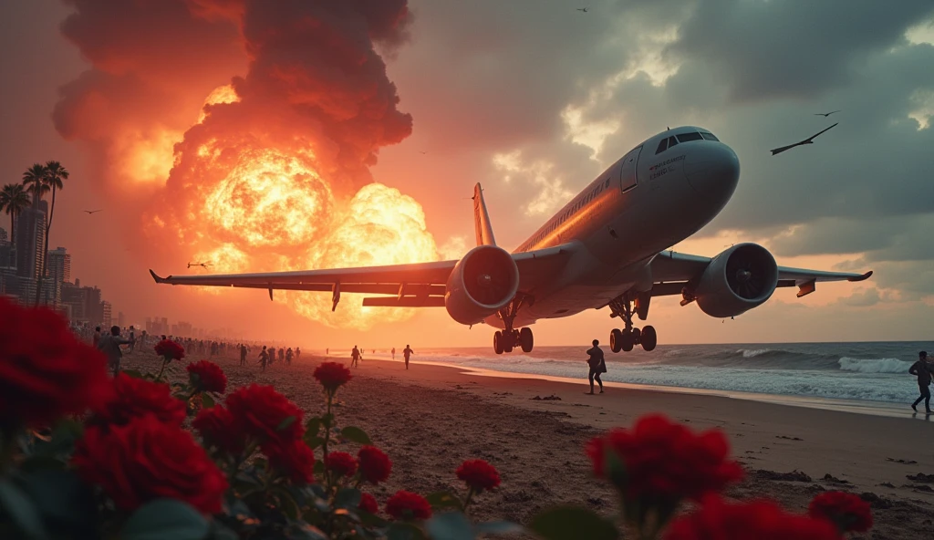 war scene, warplane invading a beach, big explosions, roses flowers on the ground, people fleeing in the background, cinematic, dramatic lighting, dark color palette, photorealistic, highly detailed, 8k, masterpiece, professional, ultra-detailed, physically-based rendering, extremely detailed description