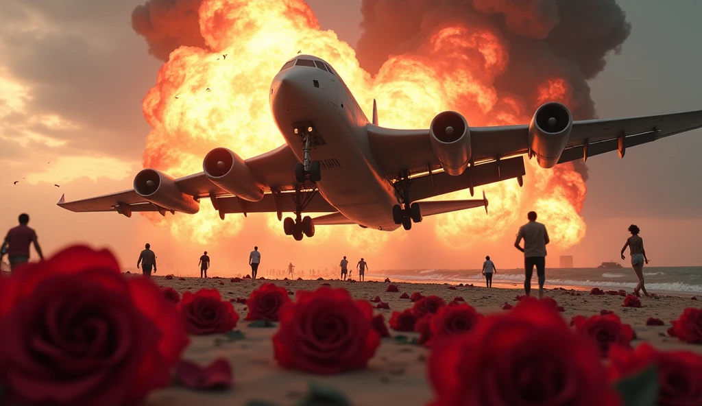 war scene, warplane invading a beach, big explosions, roses flowers on the ground, people fleeing in the background, cinematic, dramatic lighting, dark color palette, photorealistic, highly detailed, 8k, masterpiece, professional, ultra-detailed, physically-based rendering, extremely detailed description