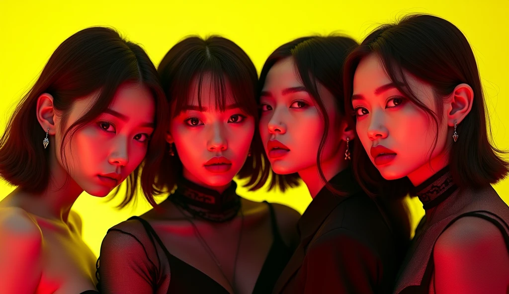 kpop girl group five members electronic hip-hop concept two cuties, two dark and one middle ground pose close optical illusion yellow black and wine one with short hair