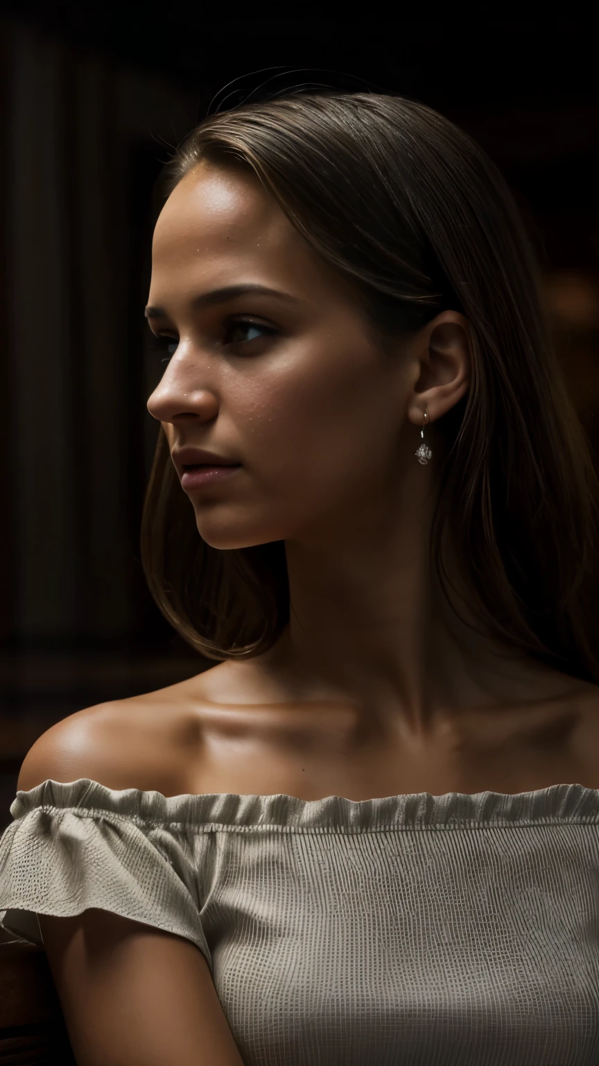 Foto hiperrealista en primer plano de Alicia Vikander, masterpiece, best quality, (photorealistic:1.4), portrait photo, red off-the-shoulder short sleeves short blouse, darkness in the bar, neons,cinematic light, beautiful woman, skinny, medium breasts, straight dark blond hair, detailed face, photo taken from a distance, age , Sony FE, Backlighting, K4