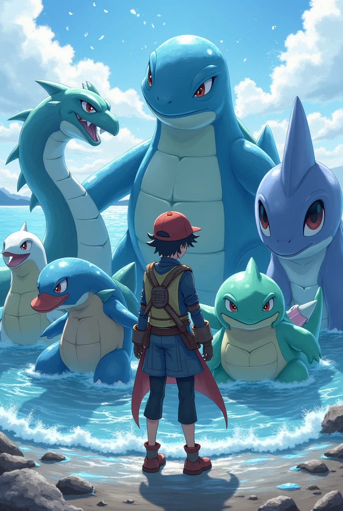 A water type pokemon trainer with the following pokemon around him: Blastoise, Kingdra, lapras, Gyarados, Wailord e Feraligatr