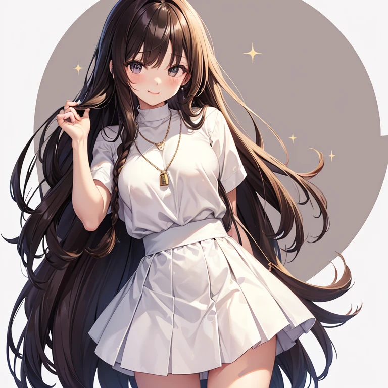 Rent-A-Girlfriend Mizuhara Chizuru Long straight hair with the ends slightly curled inwards and some of the sides braided Bangs are long enough to cover the eyes, hair is dark brown, eyes are large and round, and light brown in color. Gentle eyes Sparkling Sparkle A bright and friendly smile, but a little embarrassed Casual and neat fashion White or light-colored tops knee-length skirt A clean, university student-like style; small, simple earrings and a thin chain necklace; a shapely figure with a large bust; a slightly shy, gazing pose; a natural, muted color palette Make this character have boobs、Please let me suck your dick