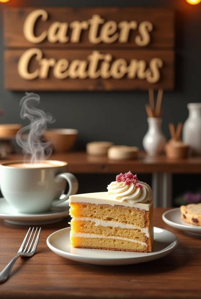 imagine a bakery that makes cookies and cakes, a slice of cake on a plate and a cup of coffee on the counter, a sign with the text "Carters Creations" can be seen slightly in the background.