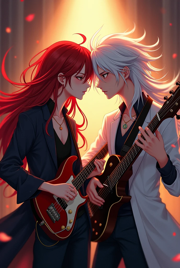 Anime gay Long-haired red-haired man and long-haired white-haired man, musician