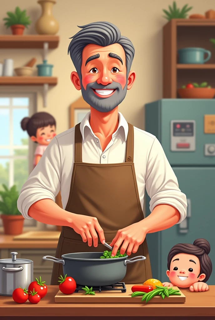 A family man cooks in cartoon form for a logo