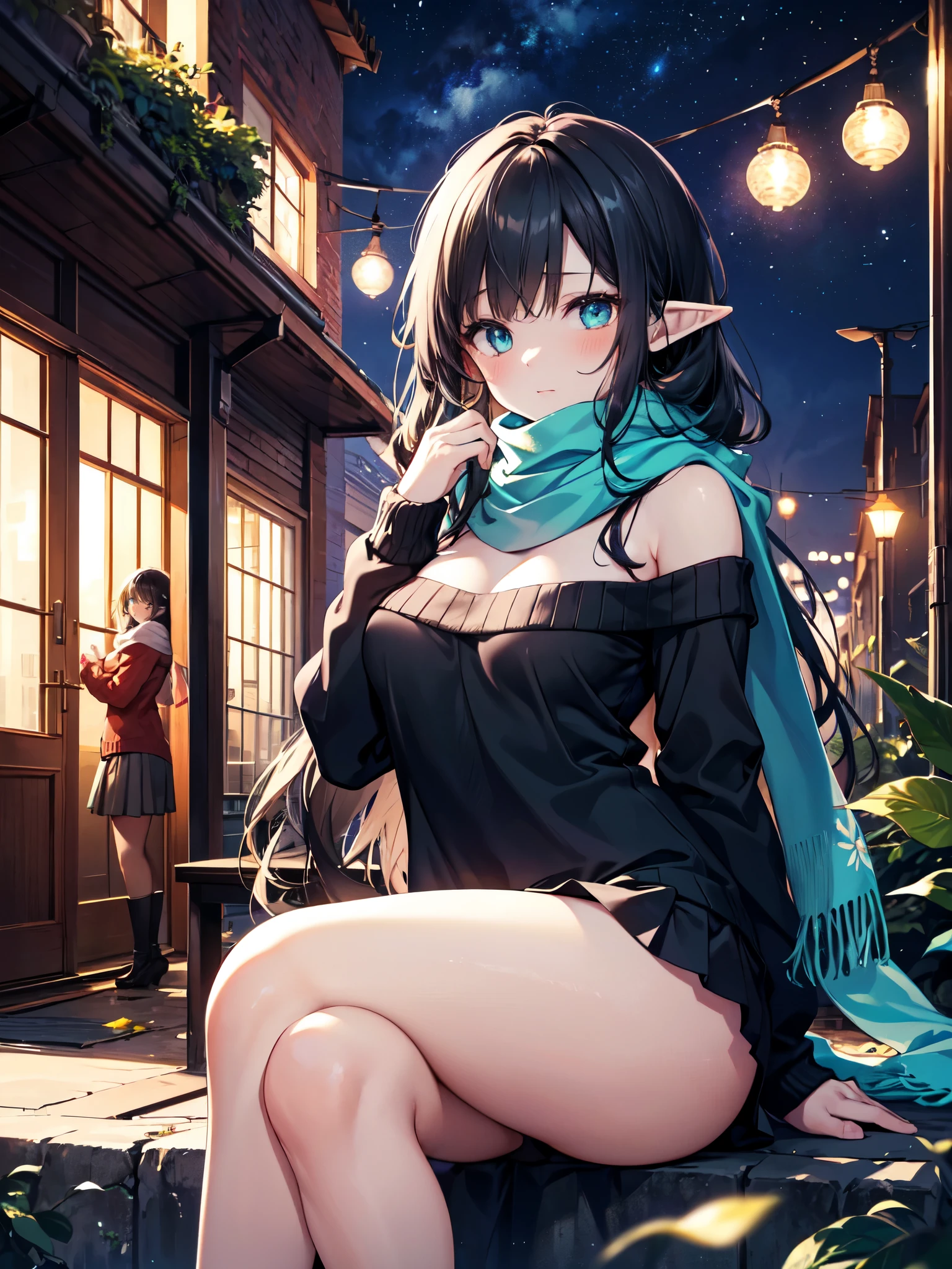 Realistic image, detailed and coherent image, 1 elf, turquoise eyes, black hair, very long hair, blushing, shy, She has a curvy body, medium breasts and thick thighs, She is wearing an off-shoulder sweater, with scarf, pleated mini skirt with embroidery, She is posing sensually, sitting, arching her back, leaves falling around, view from below, starry night, urban background, surrounded by buildings and people, soft focus, dramatic shadows, volumetric lighting, natural lighting, background of a park