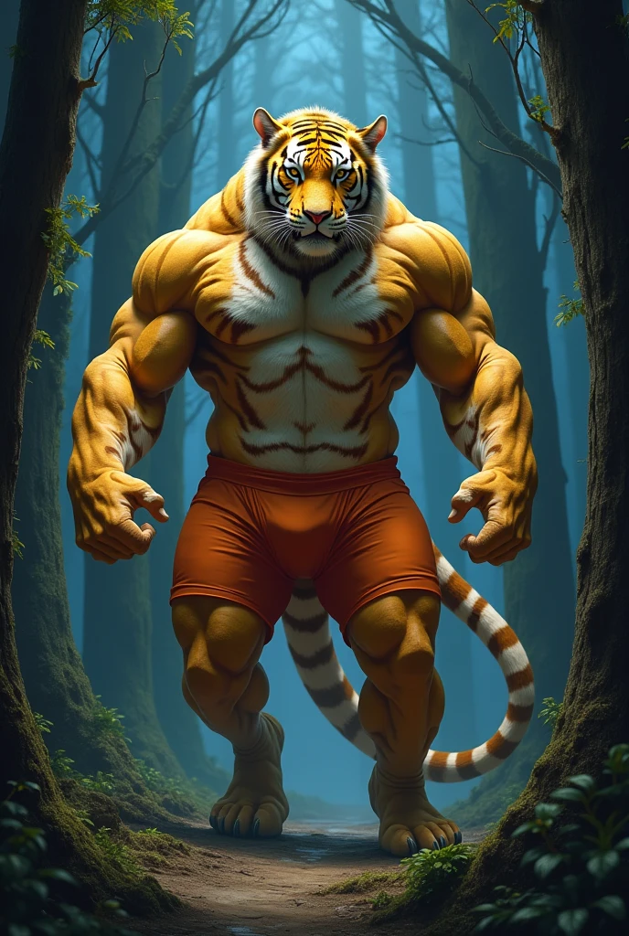 (photorealism:1.2), ((master piece)) a muscular yellow tiger posing and wearing big butt underwear in the night forest from behind, Digital art