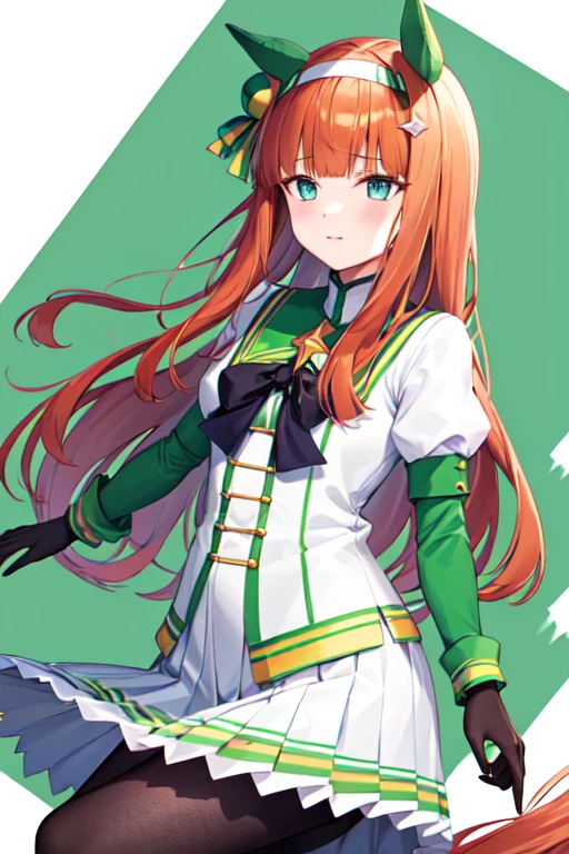 aasuzuka, long hair, animal ears, ear covers, white hairband, horse tail, green sailor collar, black bow, white shirt, layered sleeves, green sleeves, black gloves, white skirt, black pantyhose,