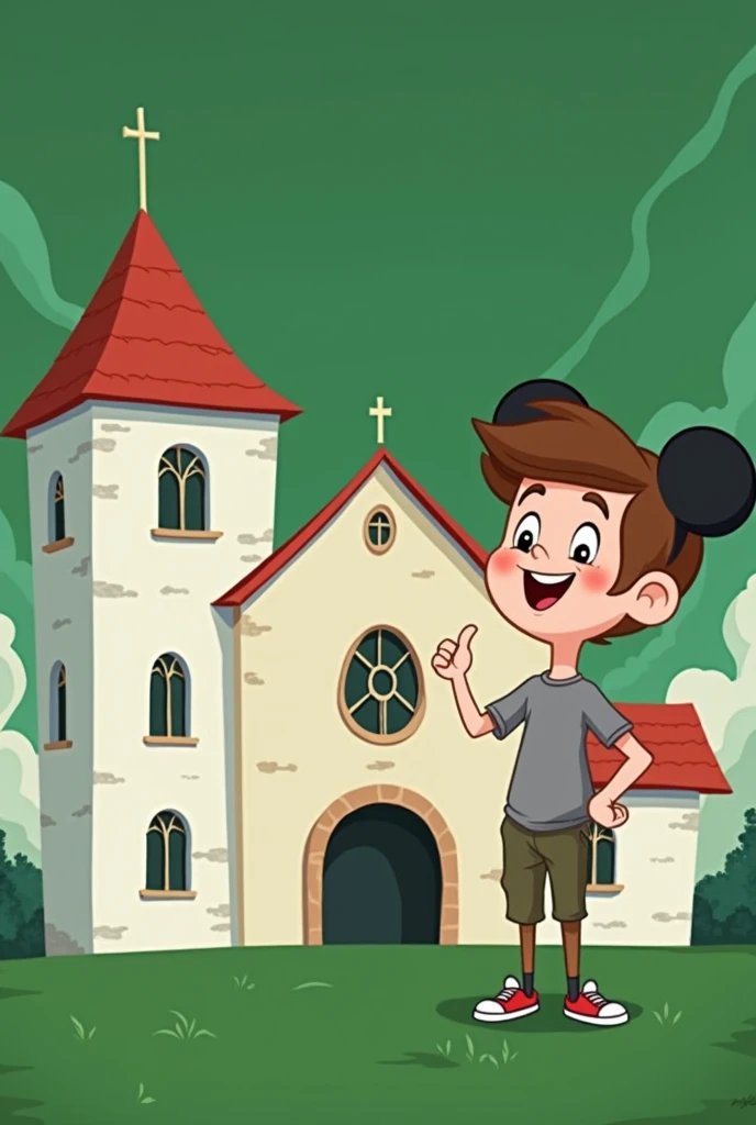 Draw man used in the tip image next to church, disney style image, background with blue sky