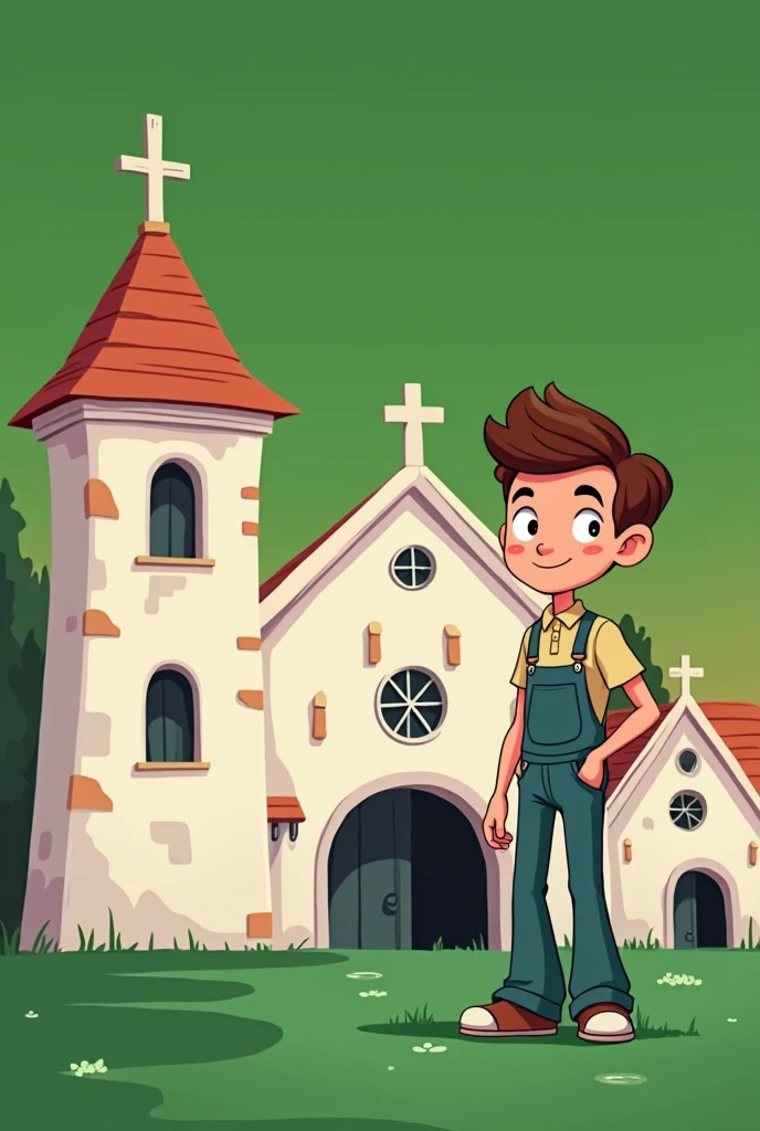 Draw man used in the tip image next to church, disney style image, background with blue sky