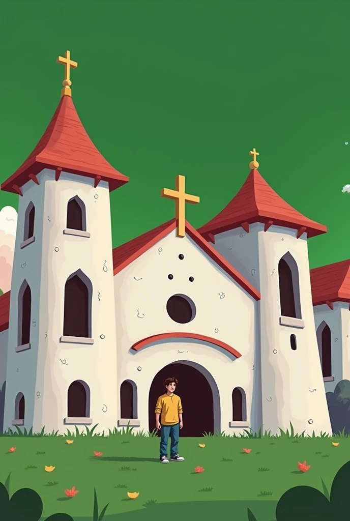 Draw man used in the tip image next to church, disney style image, background with blue sky