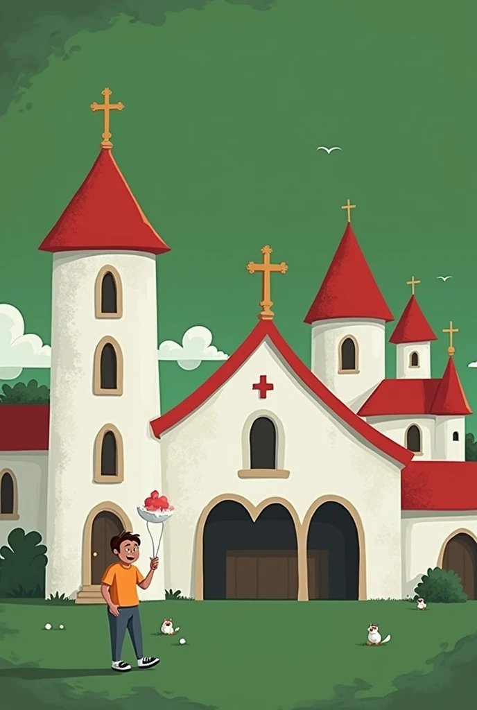 Draw man used in the tip image next to church, disney style image, background with blue sky