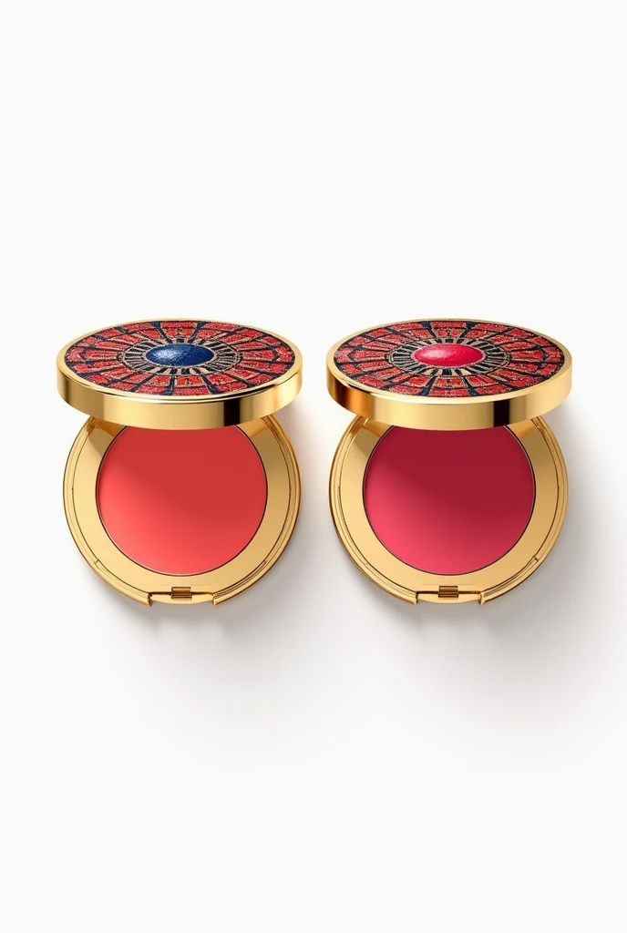 A image with white Background, one open blush and one closed blush, the same product side by side, the packaging is all in gold with a mosaic on top, with red and dark blue colors in this mosaic. the color of the blush itself is strong coral pink
