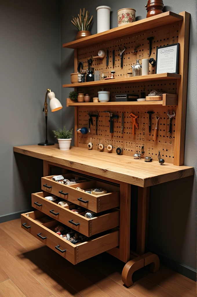 Table that opens and has tools and drawers 