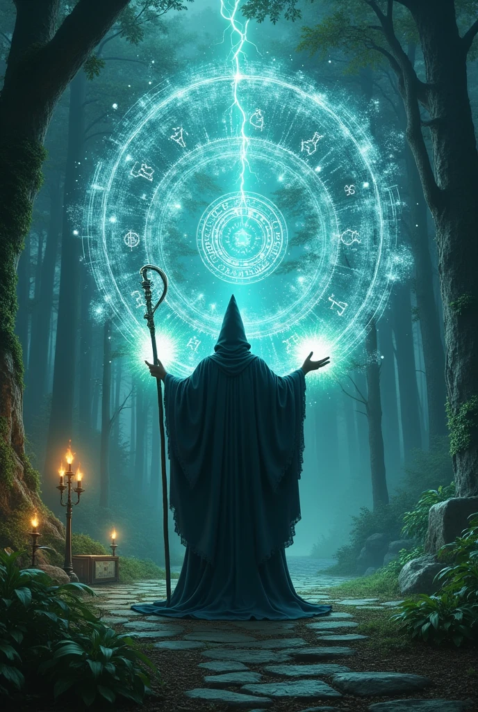 Create a mystical scene in a dark, ancient forest, where a powerful wizard and is performing a magical ritual. The wizard is dressed in a long, dark robe with silver runes, holding a glowing staff that emits swirling blue and green energy, creating a circle of floating symbols and runes in the air. Around him, the forest is alive with magic: glowing orbs, enchanted plants, and mysterious shadows moving between the trees. In the background, an old stone altar with burning candles and a grimoire lies open, with pages turning as if by an invisible force. The sky above is stormy, with flashes of lightning illuminating the scene, adding to the intense, magical atmosphere. dramatic lighting, moody atmosphere, highly detailed, cinematic, fantasy art, digital painting, 8K