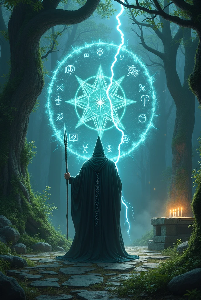 Create a mystical scene in a dark, ancient forest, where a powerful wizard and is performing a magical ritual. The wizard is dressed in a long, dark robe with silver runes, holding a glowing staff that emits swirling blue and green energy, creating a circle of floating symbols and runes in the air. Around him, the forest is alive with magic: glowing orbs, enchanted plants, and mysterious shadows moving between the trees. In the background, an old stone altar with burning candles and a grimoire lies open, with pages turning as if by an invisible force. The sky above is stormy, with flashes of lightning illuminating the scene, adding to the intense, magical atmosphere. dramatic lighting, moody atmosphere, highly detailed, cinematic, fantasy art, digital painting, 8K