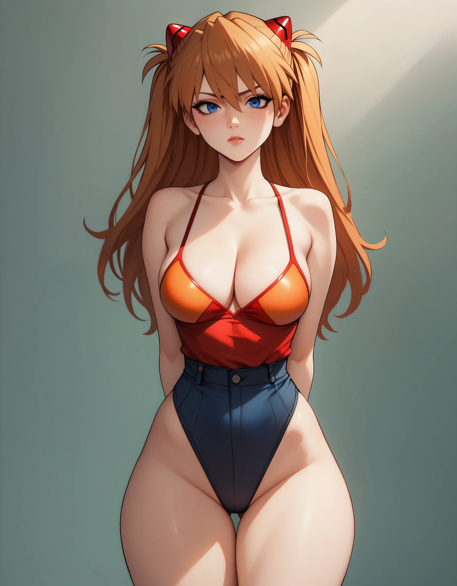 zavy-fzzgrfft, manga of Asuka Langley, dynamic lighting, dots, screentone, evangelion, cleavage, busty, thick thighs, standing, arms behind back, contrapposto, big blue eyes, ulzzang, 