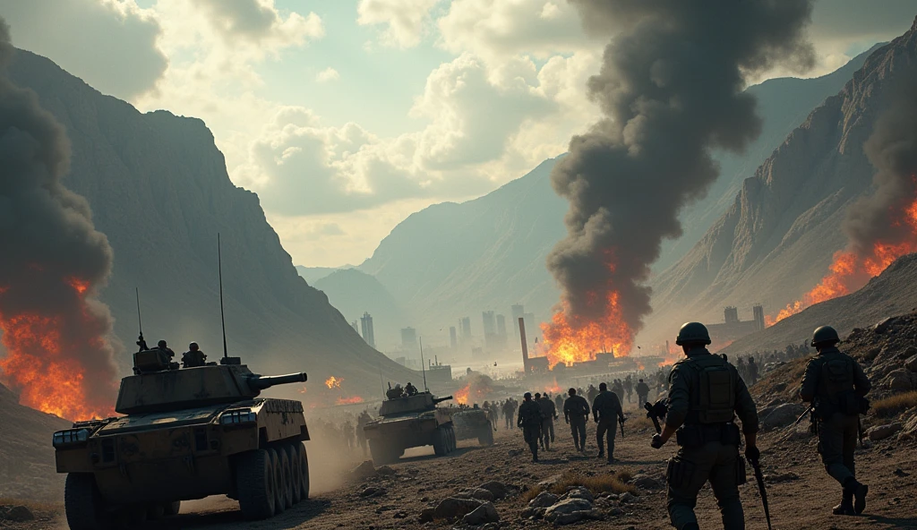 1970, (best quality, 4k, 8k, highres, masterpiece:1.2), ultra-detailed, realistic, photorealistic, photo-realistic:1.37, HDR, UHD, studio lighting, ultra-fine painting, sharp focus, physically-based rendering, extreme detail description, professional, vivid colors, bokeh, destroyed mountains, Buenos Aires, battle, enemy armies, battlefield, dramatic lighting, cinematic, epic scale, highly detailed terrain, ominous clouds, explosions, military vehicles, soldiers, intense combat