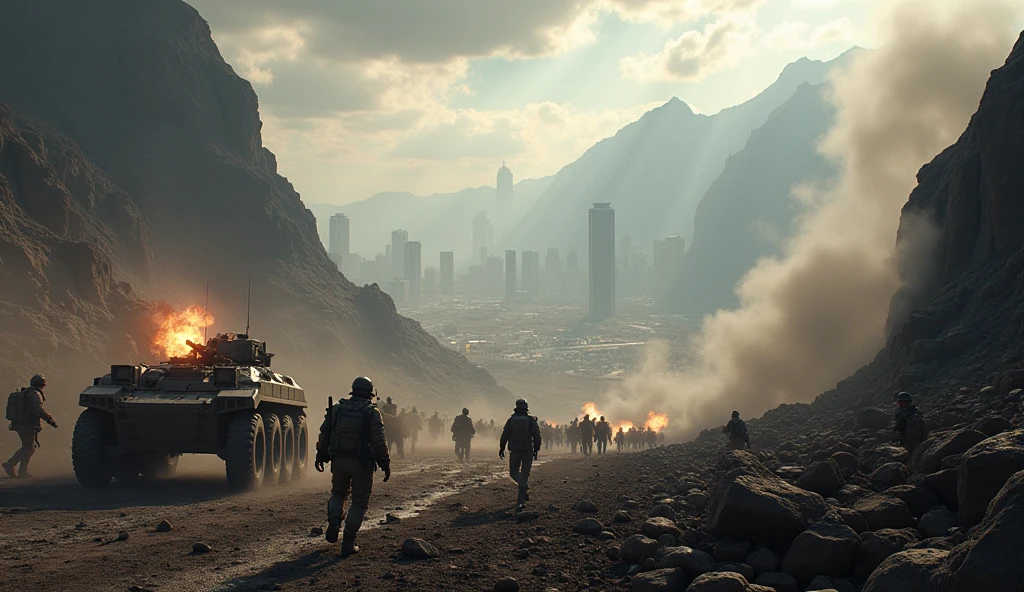 1970, (best quality, 4k, 8k, highres, masterpiece:1.2), ultra-detailed, realistic, photorealistic, photo-realistic:1.37, HDR, UHD, studio lighting, ultra-fine painting, sharp focus, physically-based rendering, extreme detail description, professional, vivid colors, bokeh, destroyed mountains, Buenos Aires, battle, enemy armies, battlefield, dramatic lighting, cinematic, epic scale, highly detailed terrain, ominous clouds, explosions, military vehicles, soldiers, intense combat
