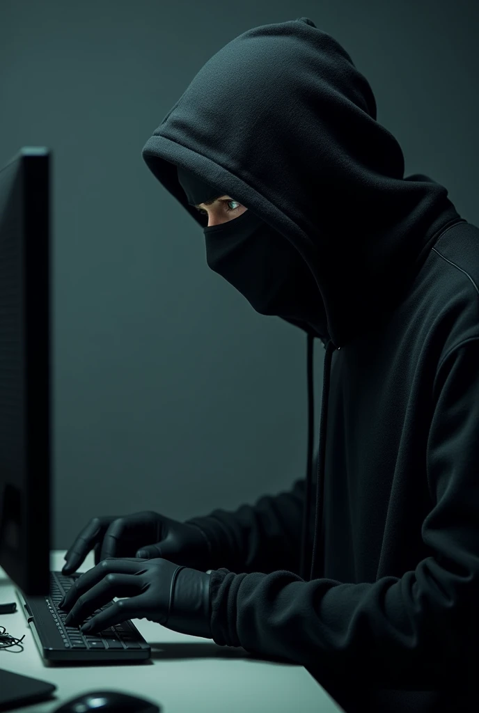 Man wearing a hood and black sweater with his face covered typing on a computer with gloves and a mask