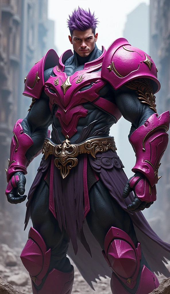 Strong male warrior, whole body, Purple short-haired, Dark pink armor and helmet, Holding a sword