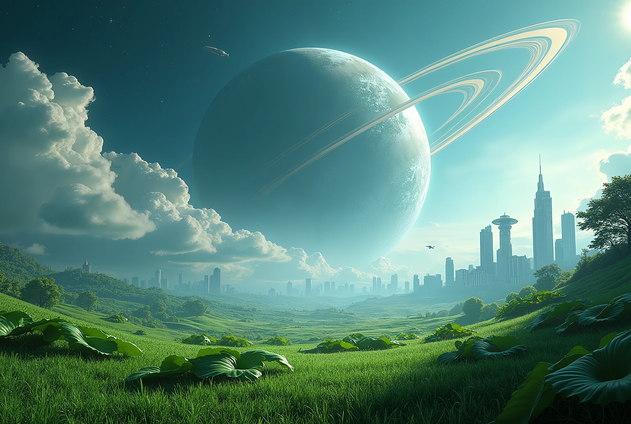 create a vision of a perfect planet with a surface with vast green grass trimmed on the surface, Leaves are rounded buildings and ultra-modern cities on the surface, sky with daytime space and dense atmosphere light blue color, surreal image, Leaves no alto da imagem, No fundo, there is the planet Saturn with its rings diagonally, sunfaded, with its beautiful rings seen from the surface in the sky through the dense atmosphere., clear atmosphere with transparent clouds , the planet is immense and is setting on the horizon, cyberpunk style from a distance, has an ultra futuristic megalopolis city with mirrored glass buildings, space is clear and you can only see the silhouette of one side of the planet through the dense atmosphere, clear total, clear horizon, penumbra, as realistic as possible, bright environment without light without sun, starry sky. Leaves'a space cruiser flying in the sky.