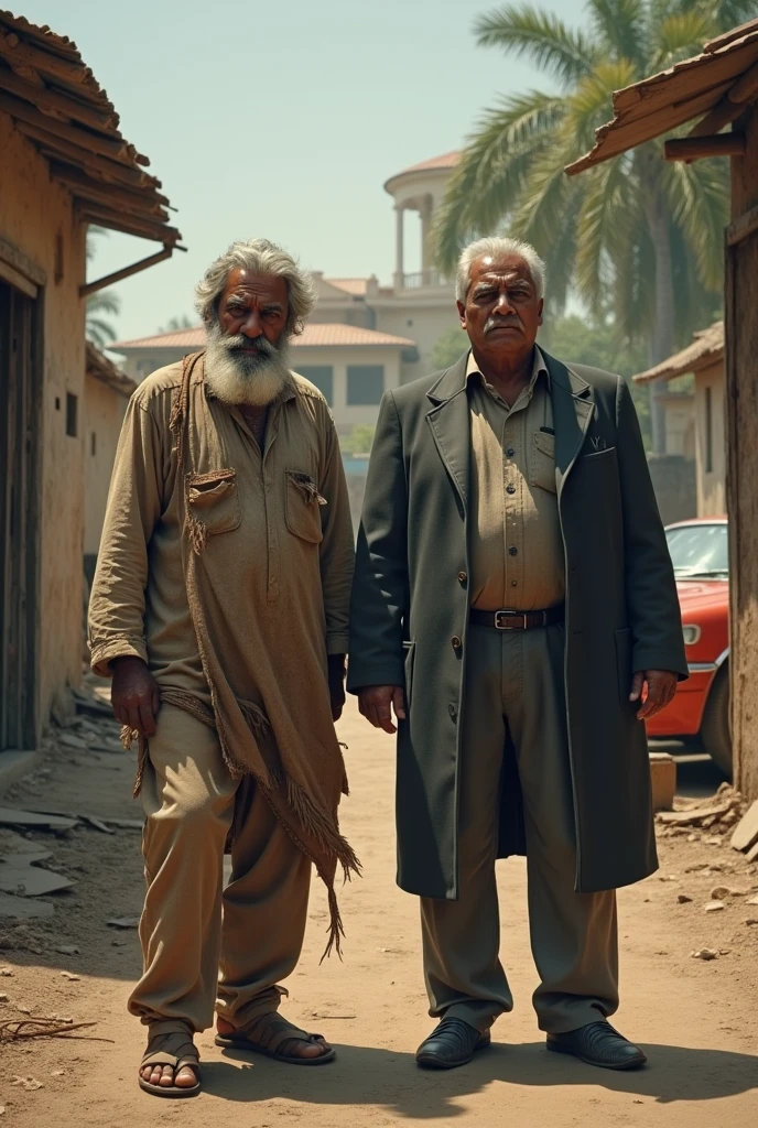 A 40 to 50 year old Indian man wearing torn clothes is sad, behind him is a buller standing. In the second frame, the same man has become very rich. There is a big house behind him, there is a parked car, he is wearing a coat and paint.