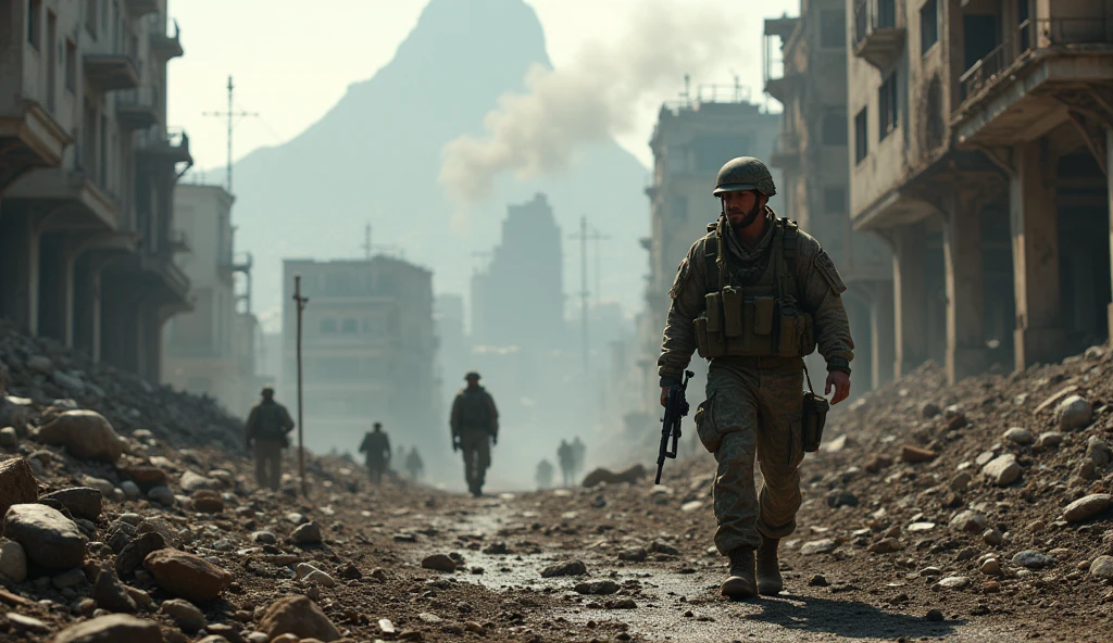 1940; (masterpiece, best quality) destroyed city (Rio de Janeiro) American soldier going to war