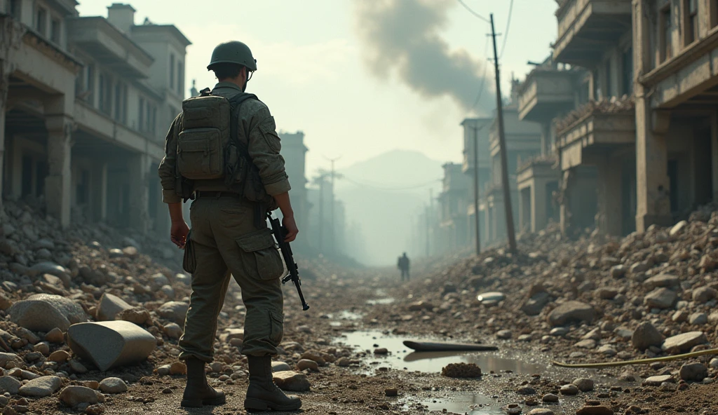 1940; (masterpiece, best quality) destroyed city (Rio de Janeiro) American soldier going to war