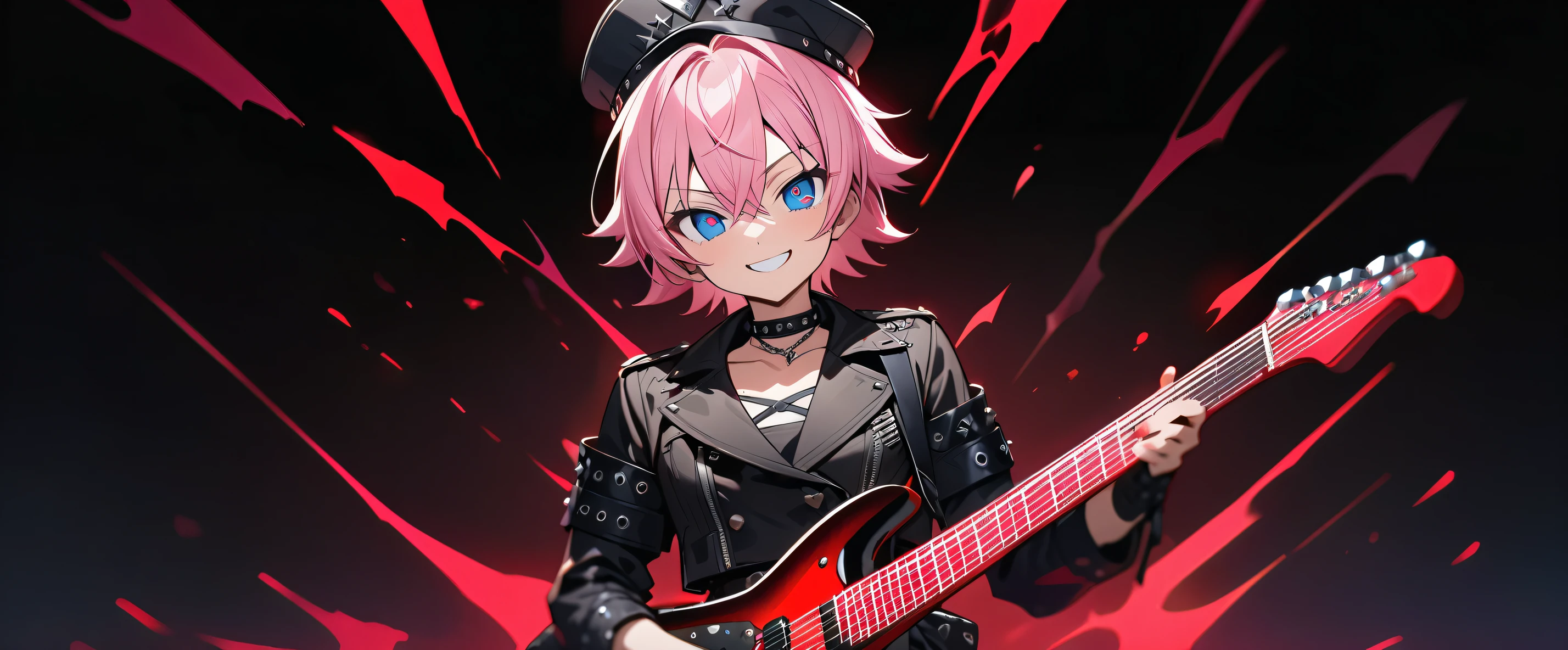 (((masterpiece,Highest quality))),(((A beautiful male anime crossdresser with short pink hair, blue eyes and a punk-style military skirt costume, holding a guitar))),((Standing behind a keyboard and holding a guitar)),(((Looking at me with a teasing smile,Heart mark in the eyes,military cap))),(((Black Background))),alone,Focus on the whole body,(high quality),アニメ