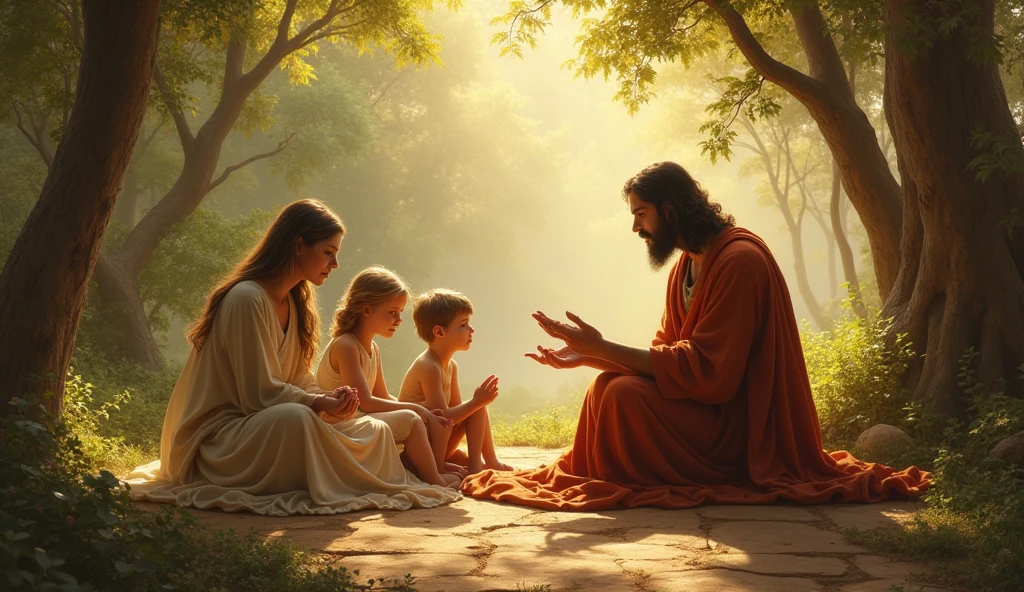 A tranquil family scene set in an ancient, harmonious world where the children of Adam and Eve live in unity with creation. The family, gathered together in a peaceful setting, is engaged in a warm, intimate gathering. The parents, Adam and Eve, are depicted as wise and nurturing figures, teaching their children to respect and cherish every aspect of the world around them. The children listen attentively, as stories of their ancestors are shared, and the blessings and responsibilities entrusted by God are passed down. The scene is bathed in soft, golden light, symbolizing the divine presence and the sacred connection between the family and their environment, highlighting the harmony and reverence that defines their existence.