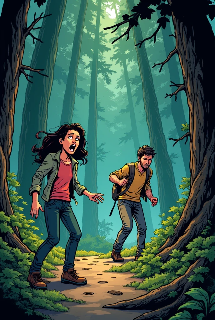 Create a comic style image of a forest as a background with a family of a mother screaming looking for her daughter and her husband next to her



