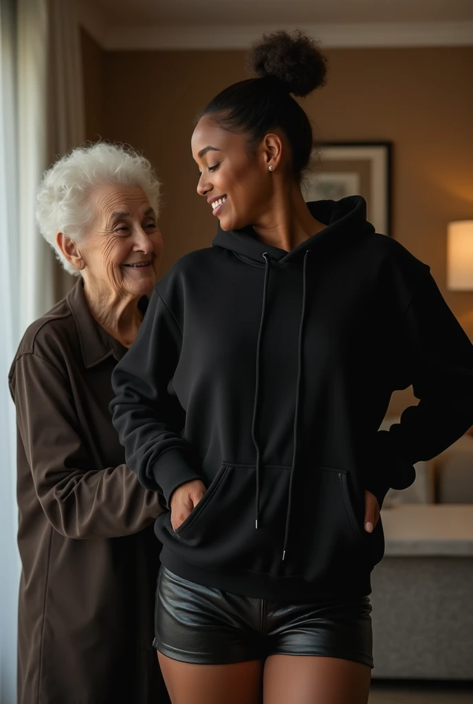 black woman hair in a bun black hoodie   black leather short shorts  being fucked in the ass by a old grandma in a dress
       