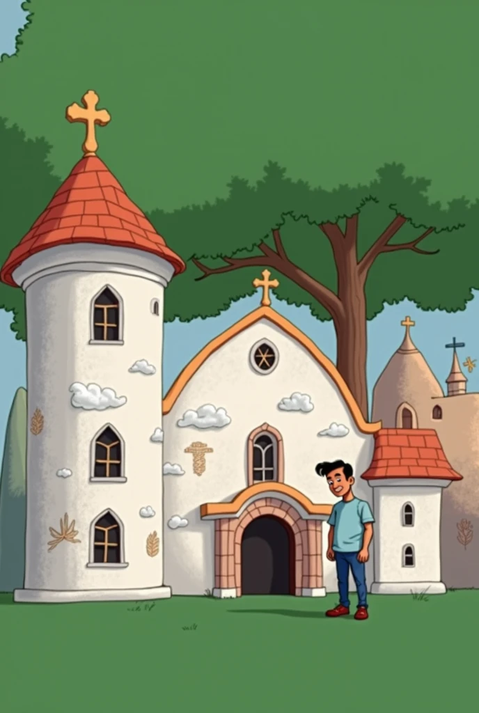 Draw man used in the tip image next to church, disney style image, background with blue sky