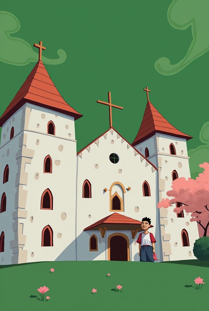 Draw man used in the tip image next to church, disney style image, background with blue sky