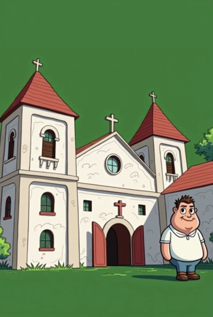Draw man used in the tip image next to church, disney style image, background with blue sky
