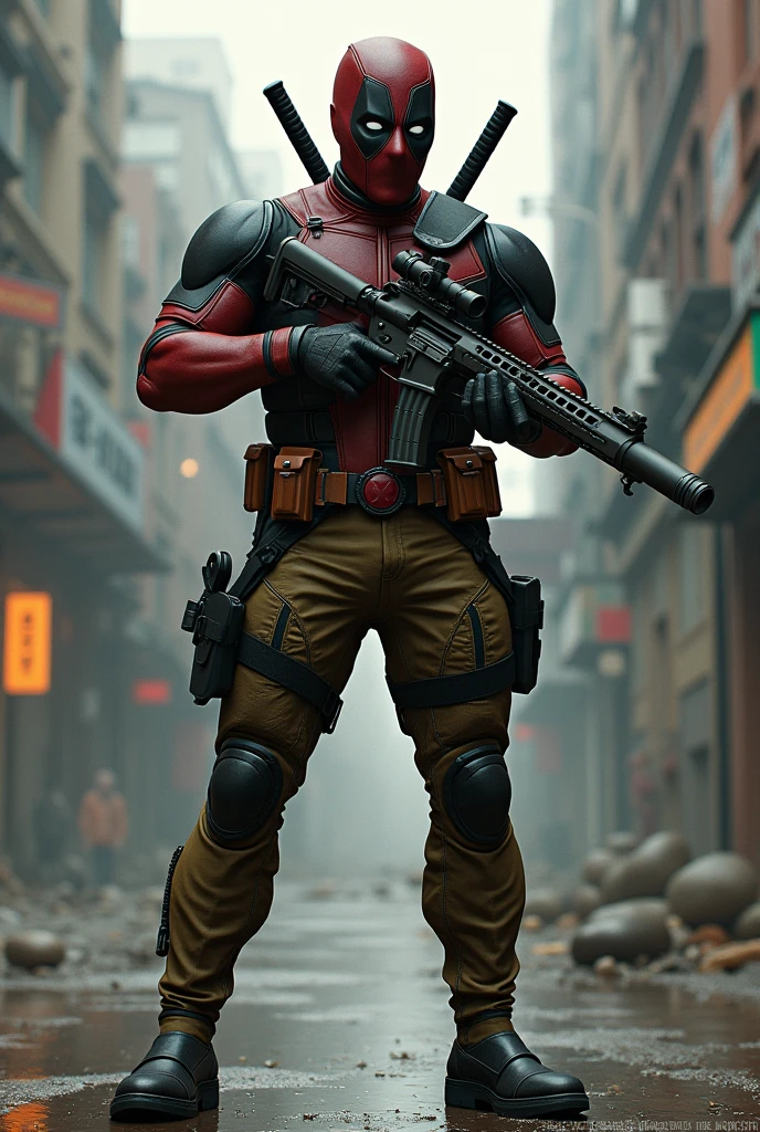 Deadpool wear miletry colour costume and holding a sniper gun